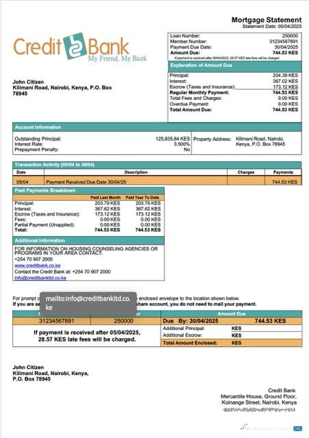 Download Kenya Credit Bank mortgage statement Word and PDF template Photoshop template